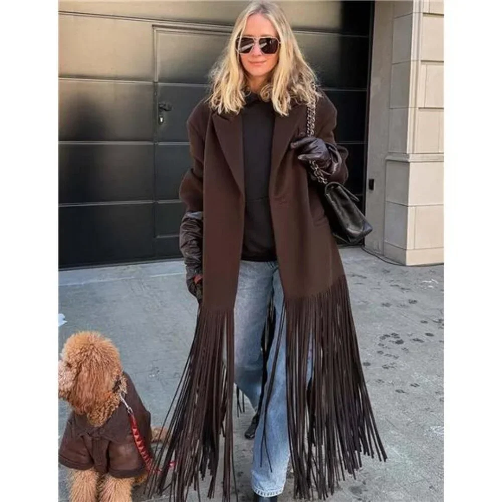 Women's Long Coat Notch Lapel Single-Breasted Jacket Brown - Picture 3 of 7